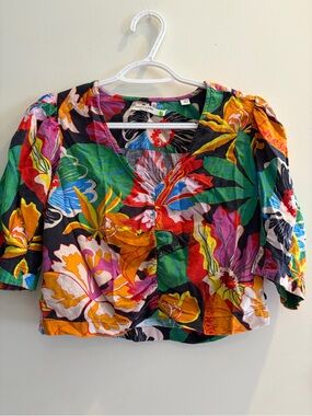 Tropical Floral V-Neck Crop Top - Multicolor